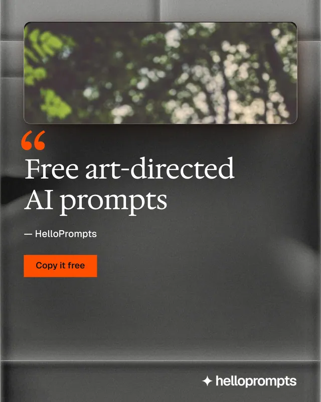Instagram portrait post for HelloPrompts: "Free art-directed AI prompts". Swiss style, quote layout, dark palette in grey, black.