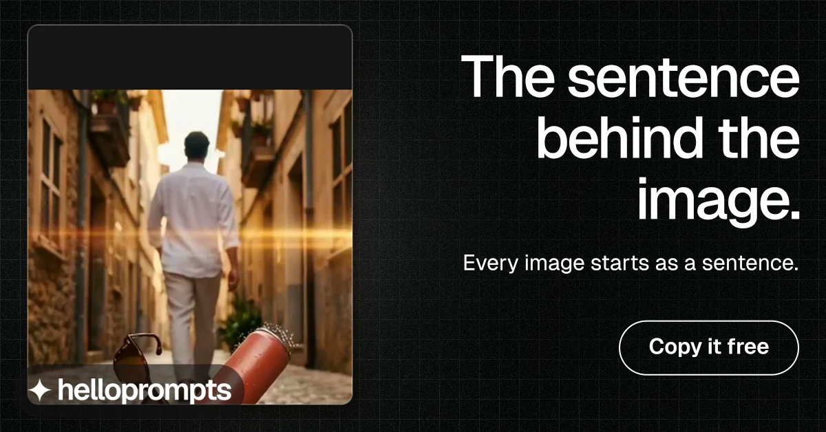 Social ad for HelloPrompts: "The sentence behind the image." Phosphor atlas style, right layout, dark palette in black, orange.