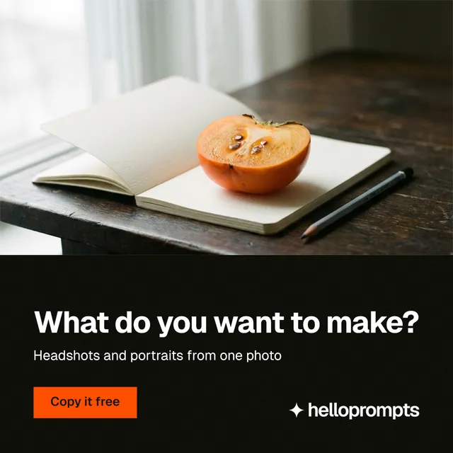 Instagram post for HelloPrompts: "What do you want to make?" Swiss style, bottom layout, dark palette in white, black, orange.