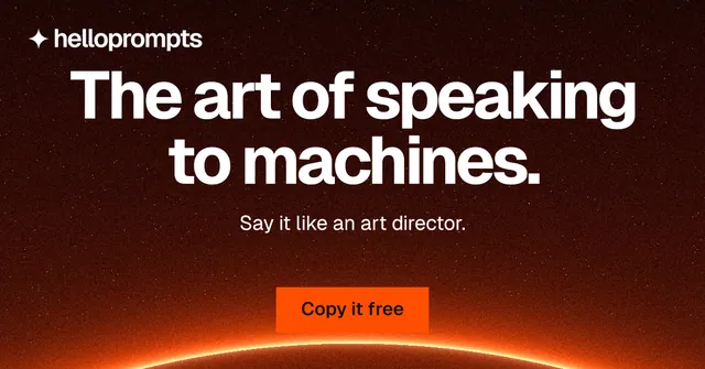 Social ad for HelloPrompts: "The art of speaking to machines." Swiss style, centred layout, dark palette in black, red, orange.