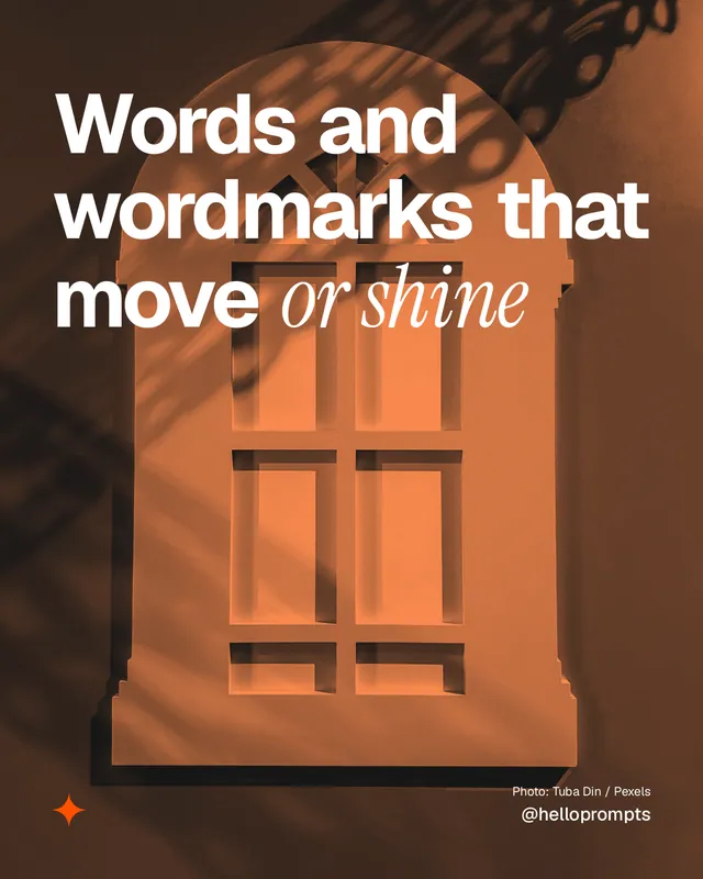 Instagram portrait post for HelloPrompts: "Words and wordmarks that move or shine". Duotone style, technique:pexels ingredient layout, dark palette in orange, brown.