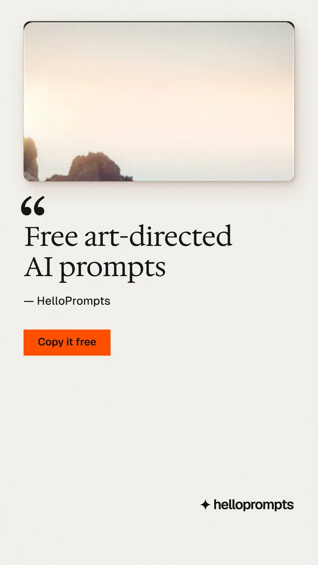Instagram story for HelloPrompts: "Free art-directed AI prompts". Swiss style, quote layout, light palette in white, orange.