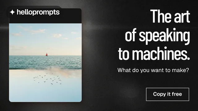 Landscape graphic for HelloPrompts: "The art of speaking to machines." Dark deco style, right layout, dark palette in grey, black.