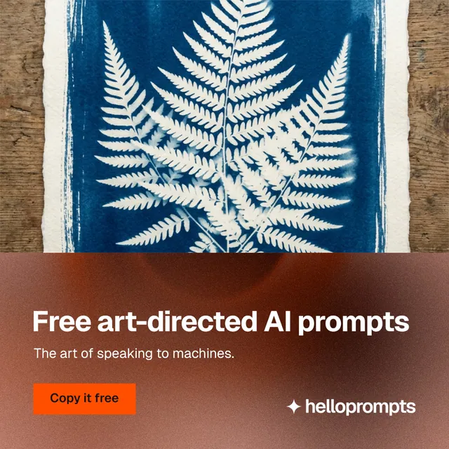 Instagram post for HelloPrompts: "Free art-directed AI prompts". Swiss style, bottom layout, light palette in orange, blue, grey.