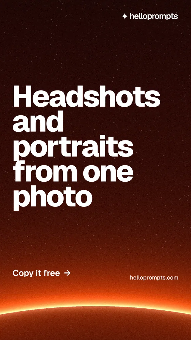 Instagram story for HelloPrompts: "Headshots and portraits from one photo". Turn card style, poster layout, dark palette in red, black, orange.