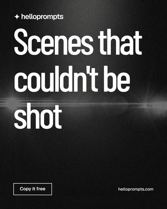 Instagram portrait post for HelloPrompts: "Scenes that couldn't be shot". Dark deco style, poster layout, dark palette in black, grey.
