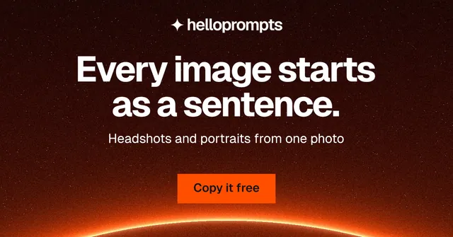 Social ad for HelloPrompts: "Every image starts as a sentence." Swiss style, centred layout, dark palette in black, red, orange.
