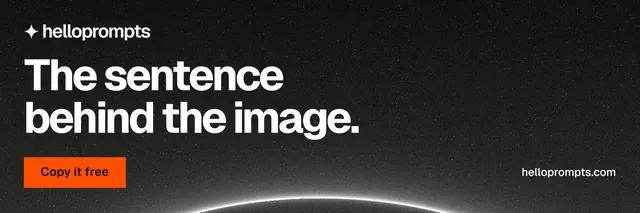 X header for HelloPrompts: "The sentence behind the image." Swiss style, poster layout, dark palette in black, grey.