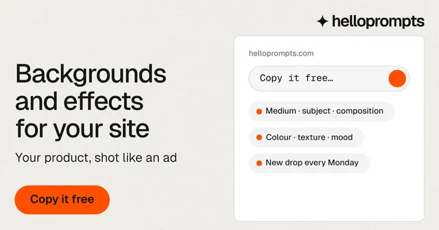 Social ad for HelloPrompts: "Backgrounds and effects for your site". Data card style, bottom layout, light palette in white, orange.