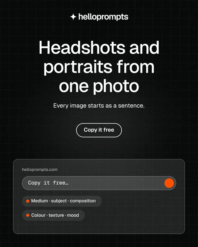 Instagram portrait post for HelloPrompts: "Headshots and portraits from one photo". Phosphor atlas style, centred layout, dark palette in black, grey.