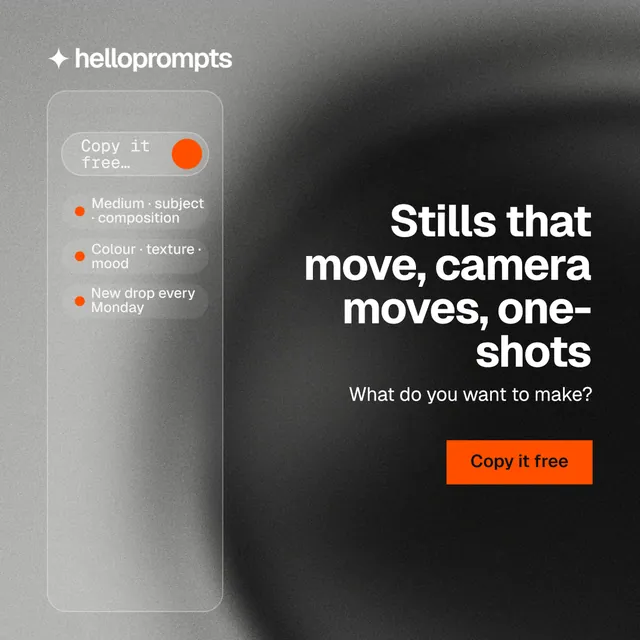 Instagram post for HelloPrompts: "Stills that move, camera moves, one-shots". Swiss style, right layout, dark palette in grey, black.