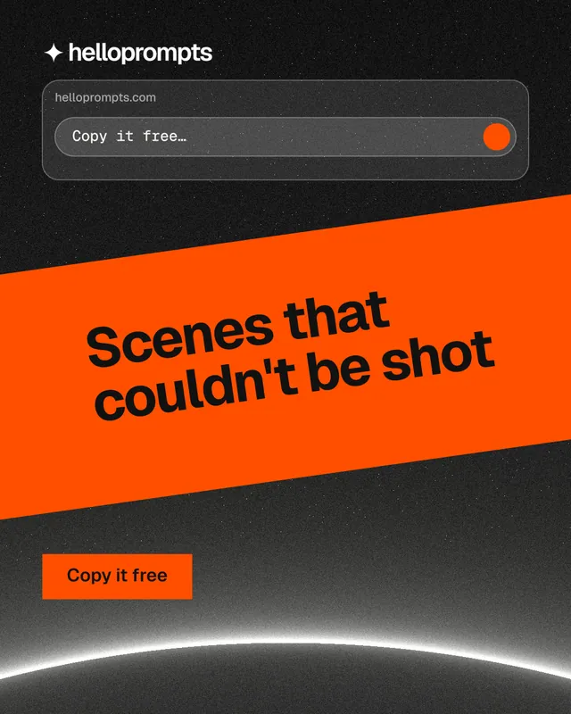 Instagram portrait post for HelloPrompts: "Scenes that couldn't be shot". Swiss style, diagonal layout, dark palette in orange, black.