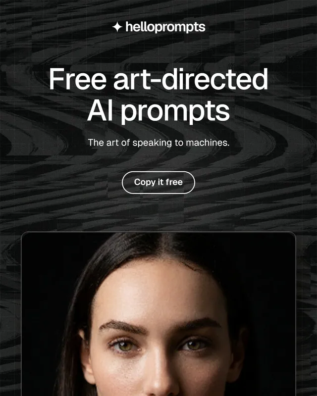 Instagram portrait post for HelloPrompts: "Free art-directed AI prompts". Phosphor atlas style, centred layout, dark palette in black, grey.