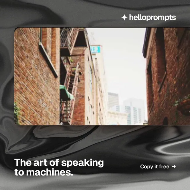 Instagram post for HelloPrompts: "The art of speaking to machines." Swiss style, image led layout, dark palette in grey, black, white.