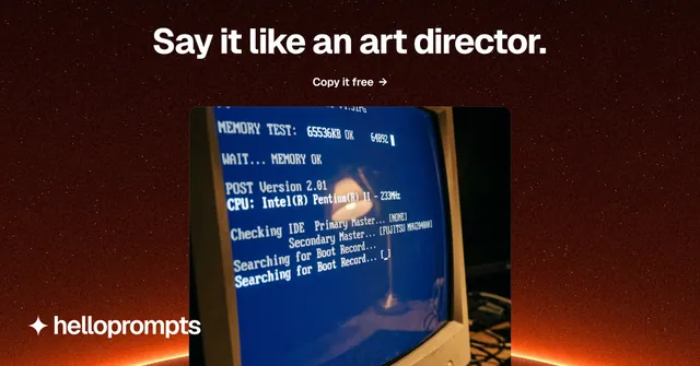 Social ad for HelloPrompts: "Say it like an art director." Swiss style, ogui layout, dark palette in black, blue, red.