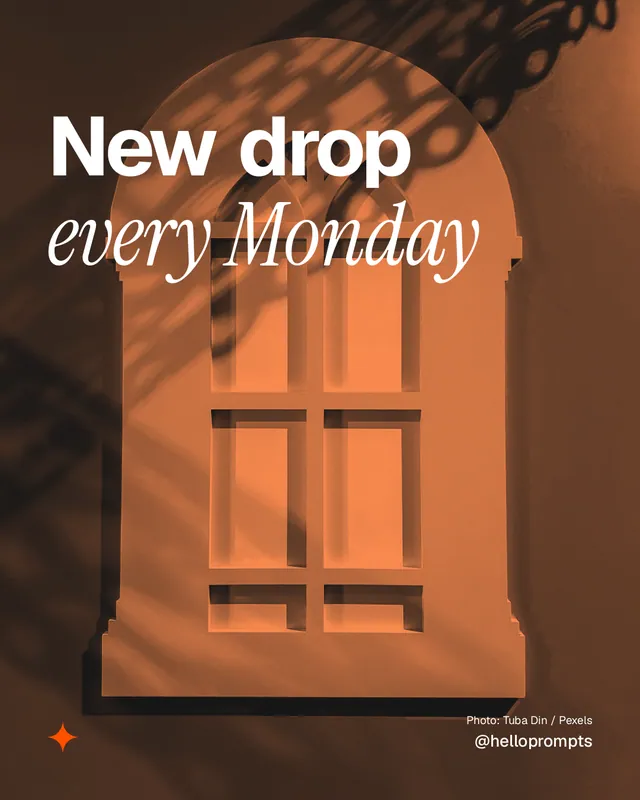 Instagram portrait post for HelloPrompts: "New drop every Monday". Duotone style, technique:pexels ingredient layout, dark palette in orange, brown.