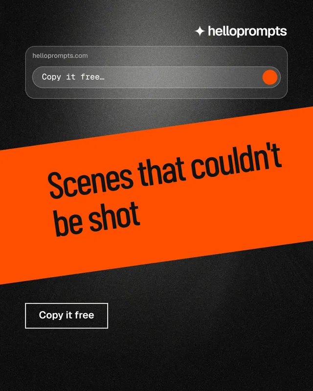 Instagram portrait post for HelloPrompts: "Scenes that couldn't be shot". Dark deco style, diagonal layout, dark palette in black, orange, grey.