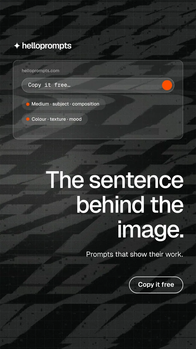 Instagram story for HelloPrompts: "The sentence behind the image." Phosphor atlas style, right layout, dark palette in black, grey.