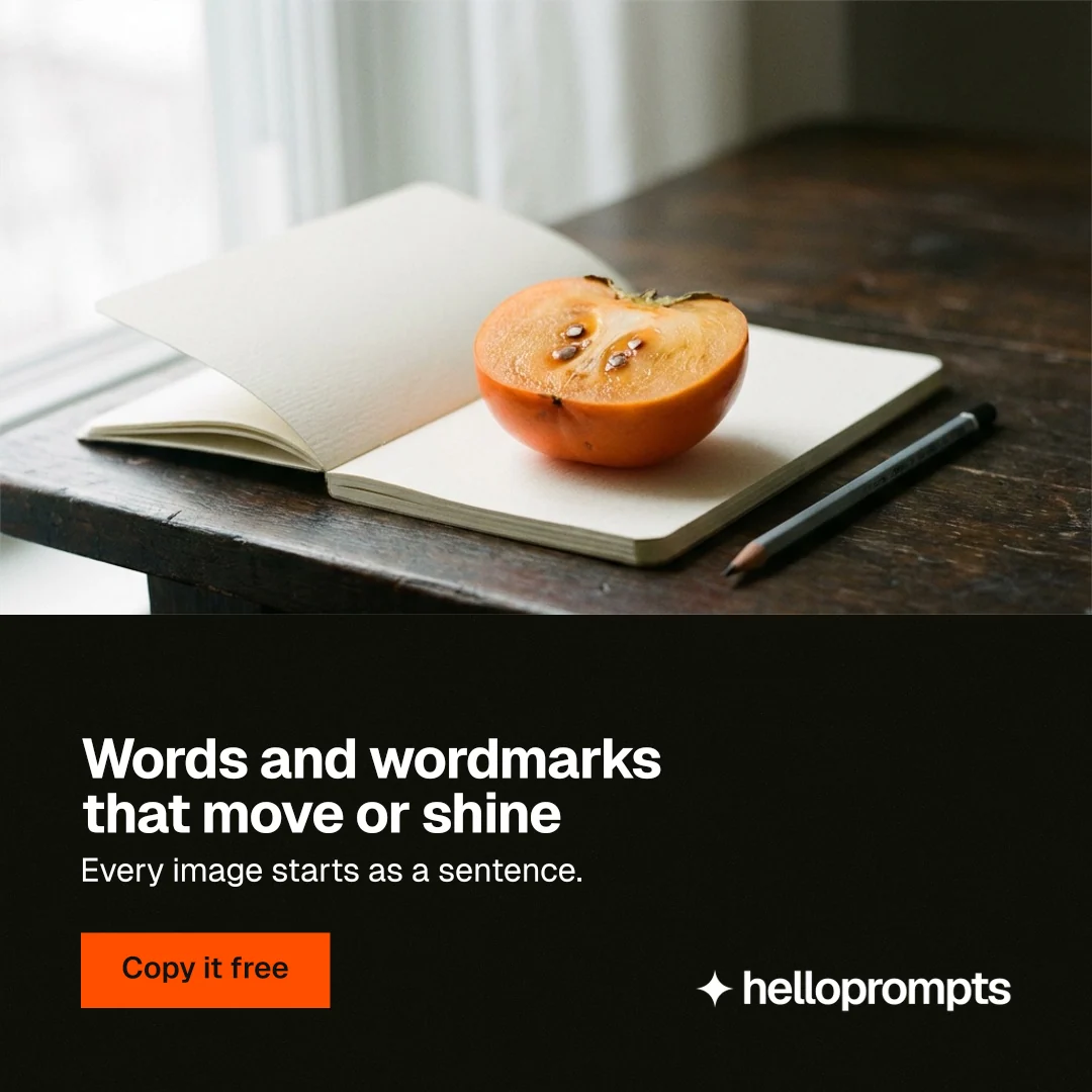 Instagram post for HelloPrompts: "Words and wordmarks that move or shine". Swiss style, bottom layout, dark palette in white, black, orange.