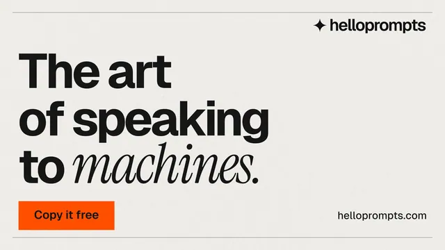 Landscape graphic for HelloPrompts: "The art of speaking to machines." Swiss style, poster layout, light palette in white, grey.