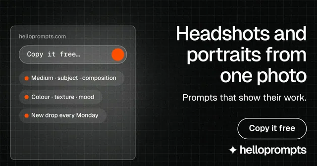 Social ad for HelloPrompts: "Headshots and portraits from one photo". Phosphor atlas style, right layout, dark palette in black, grey.