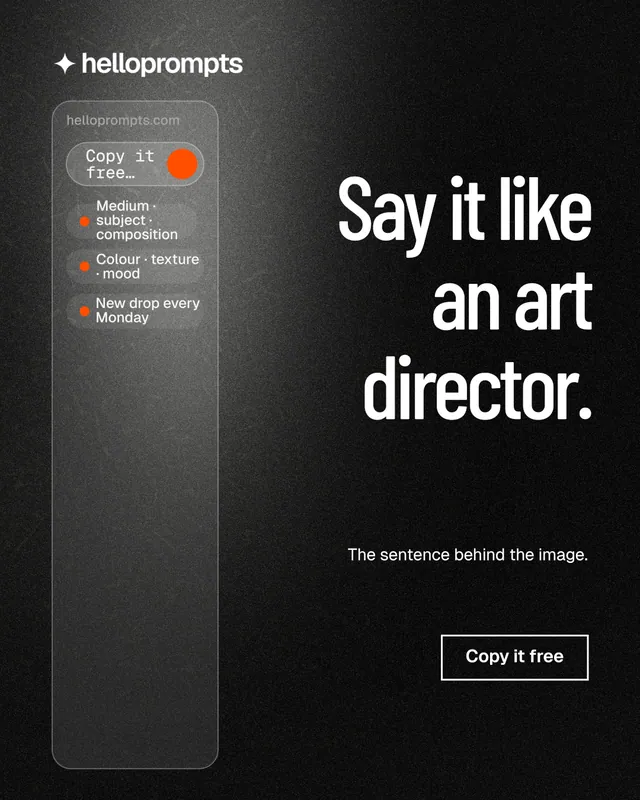 Instagram portrait post for HelloPrompts: "Say it like an art director." Dark deco style, right layout, dark palette in black, grey.