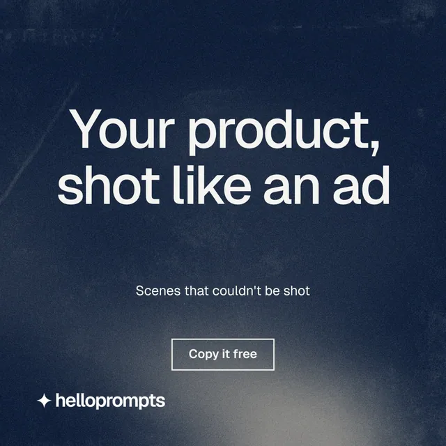 Instagram post for HelloPrompts: "Your product, shot like an ad". Cyanotype style, centred layout, dark palette in blue, grey.