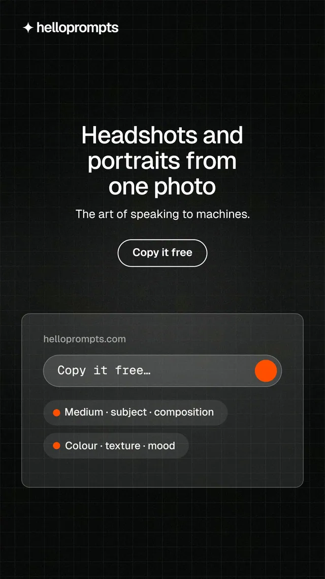 Instagram story for HelloPrompts: "Headshots and portraits from one photo". Phosphor atlas style, centred layout, dark palette in black, grey.