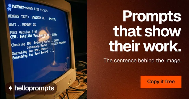 Social ad for HelloPrompts: "Prompts that show their work." Swiss style, right layout, dark palette in red, black, orange.