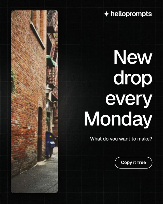 Instagram portrait post for HelloPrompts: "New drop every Monday". Phosphor atlas style, right layout, dark palette in grey, black.