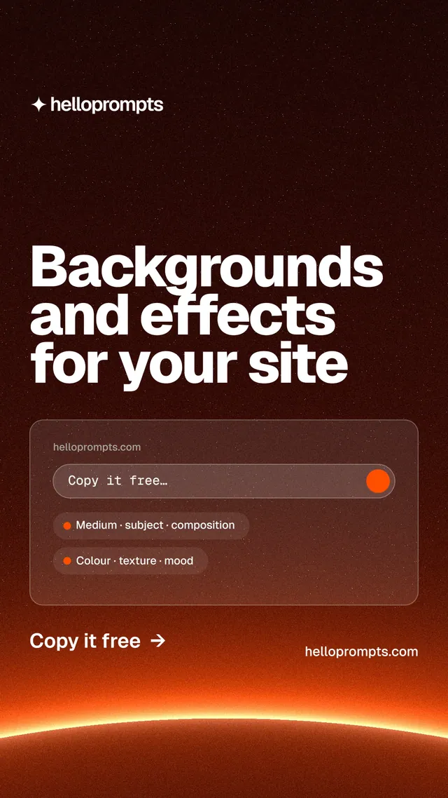 Instagram story for HelloPrompts: "Backgrounds and effects for your site". Turn card style, poster layout, dark palette in black, red, orange.
