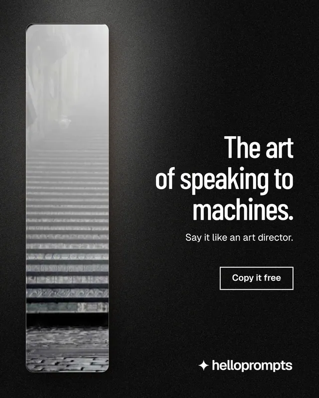 Instagram portrait post for HelloPrompts: "The art of speaking to machines." Dark deco style, right layout, dark palette in black, grey.
