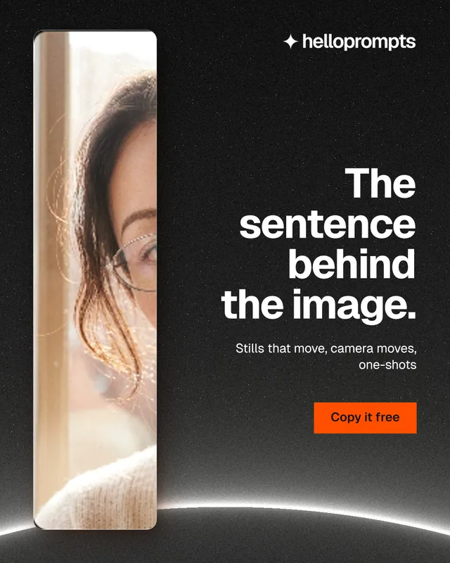 Instagram portrait post for HelloPrompts: "The sentence behind the image." Swiss style, right layout, dark palette in black, grey, orange.