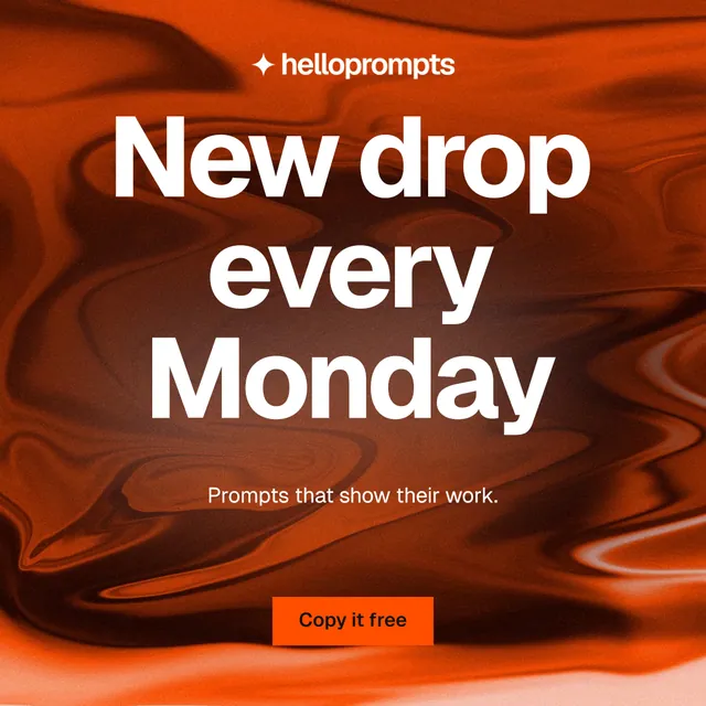 Instagram post for HelloPrompts: "New drop every Monday". Swiss style, centred layout, dark palette in orange, red.
