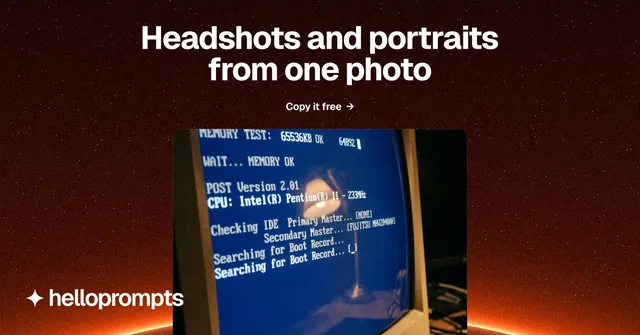 Social ad for HelloPrompts: "Headshots and portraits from one photo". Swiss style, ogui layout, dark palette in black, blue, red.