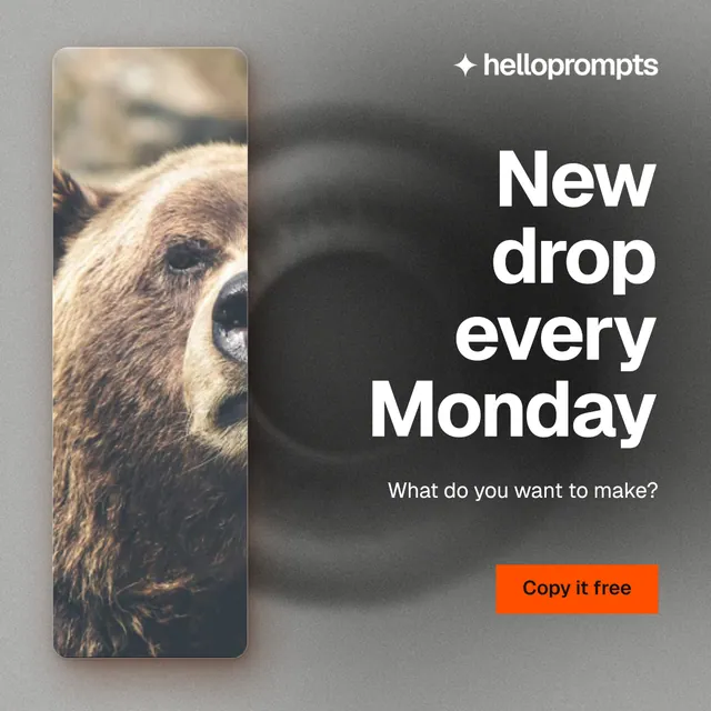 Instagram post for HelloPrompts: "New drop every Monday". Swiss style, right layout, light palette in black, grey.