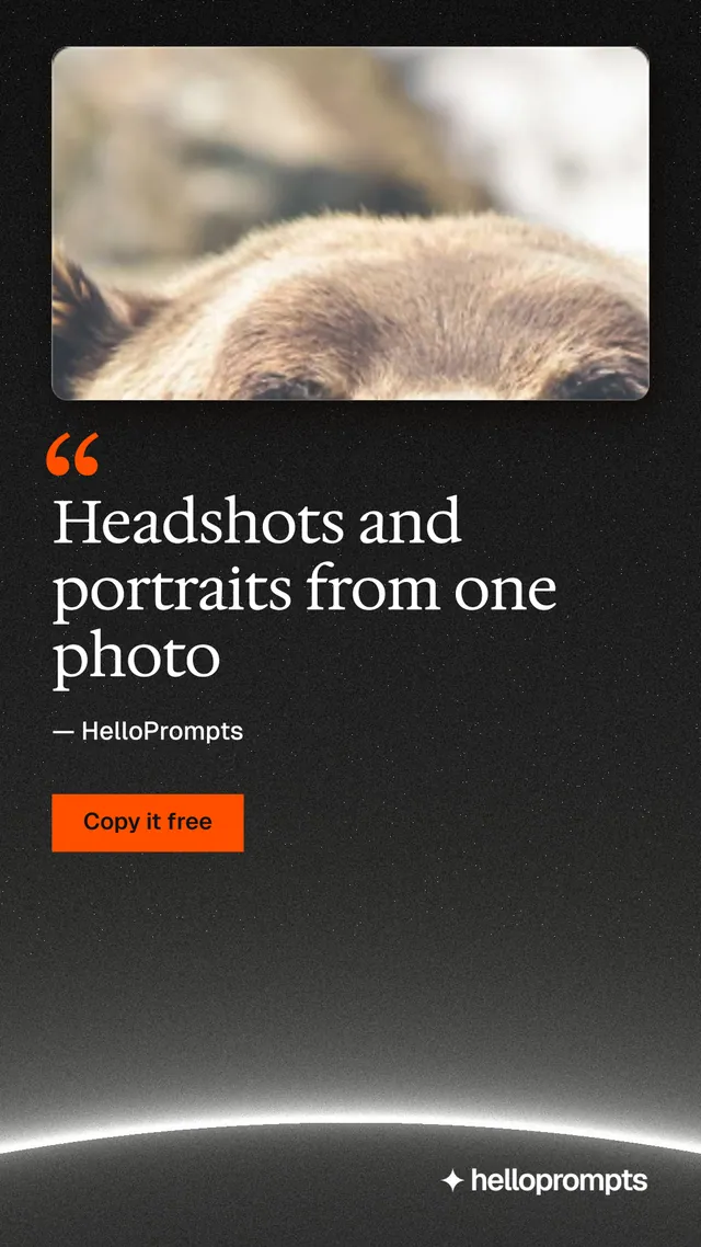 Instagram story for HelloPrompts: "Headshots and portraits from one photo". Swiss style, quote layout, dark palette in orange, black, grey.