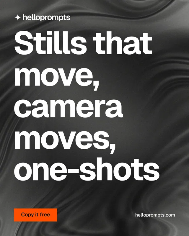 Instagram portrait post for HelloPrompts: "Stills that move, camera moves, one-shots". Swiss style, poster layout, dark palette in grey, black.