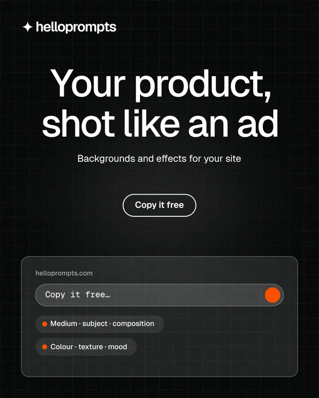 Instagram portrait post for HelloPrompts: "Your product, shot like an ad". Phosphor atlas style, centred layout, dark palette in black, grey.