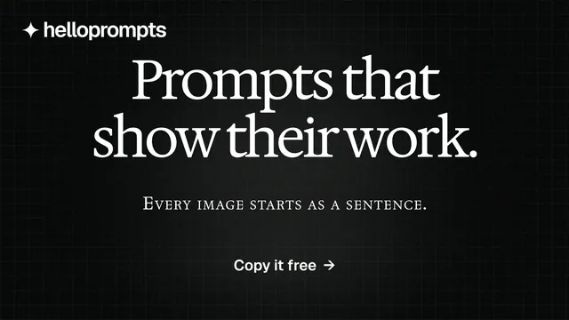 Landscape graphic for HelloPrompts: "Prompts that show their work." Phosphor atlas style, smallcaps layout, dark palette in black, grey.