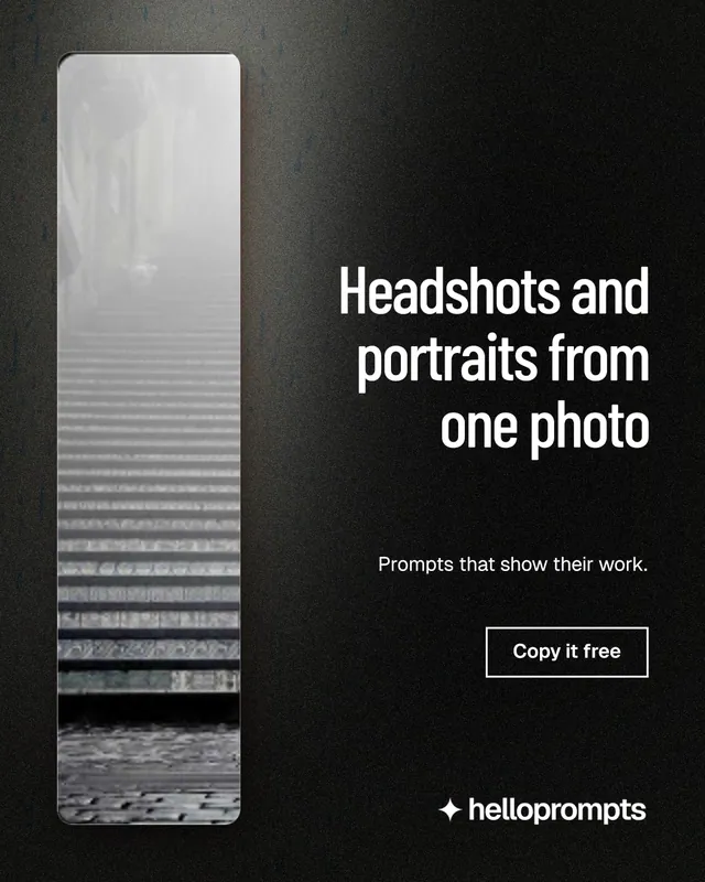 Instagram portrait post for HelloPrompts: "Headshots and portraits from one photo". Dark deco style, right layout, dark palette in grey, black.