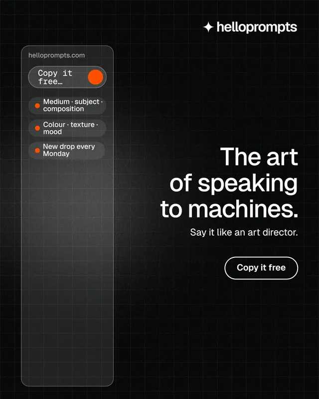 Instagram portrait post for HelloPrompts: "The art of speaking to machines." Phosphor atlas style, right layout, dark palette in black, grey.