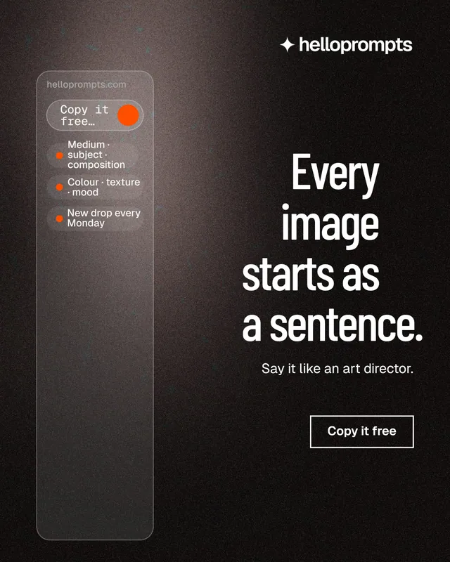 Instagram portrait post for HelloPrompts: "Every image starts as a sentence." Dark deco style, right layout, dark palette in black, grey.