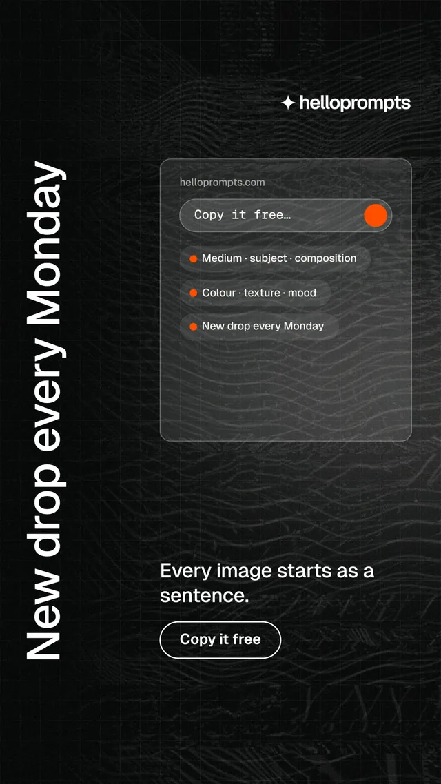 Instagram story for HelloPrompts: "New drop every Monday". Phosphor atlas style, vertical layout, dark palette in grey, black.