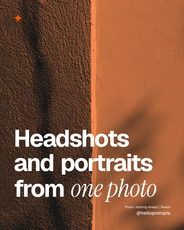 Instagram portrait post for HelloPrompts: "Headshots and portraits from one photo". Duotone style, technique:pexels ingredient layout, dark palette in orange, brown.