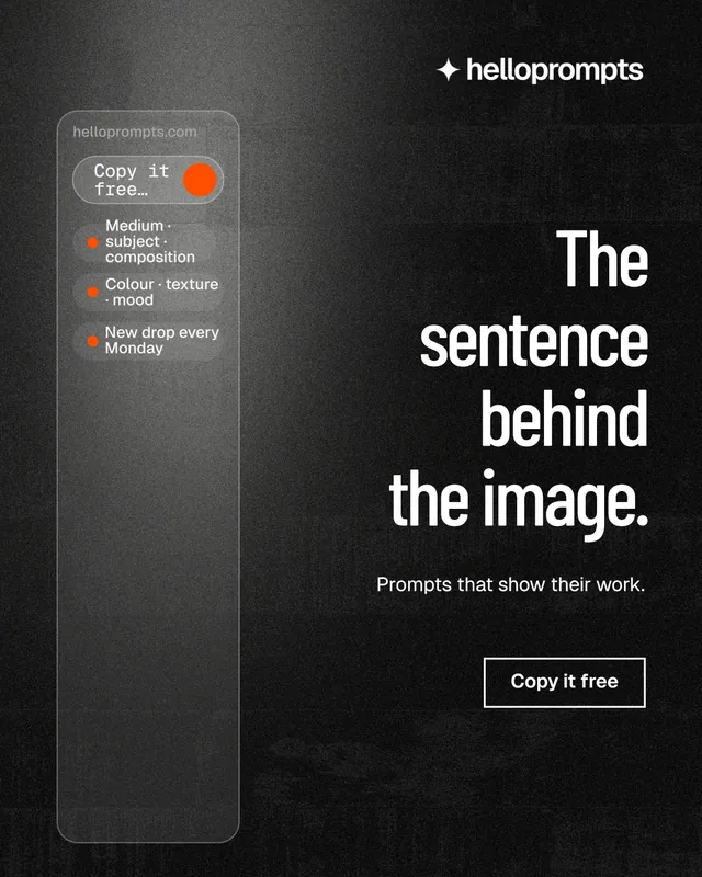 Instagram portrait post for HelloPrompts: "The sentence behind the image." Dark deco style, right layout, dark palette in black, grey.