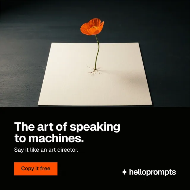 Instagram post for HelloPrompts: "The art of speaking to machines." Swiss style, bottom layout, dark palette in black, grey.
