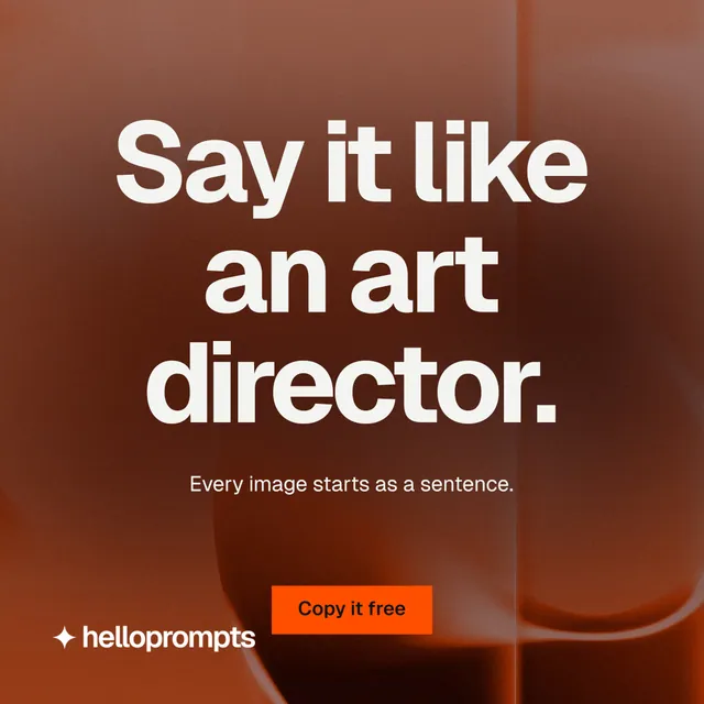Instagram post for HelloPrompts: "Say it like an art director." Swiss style, centred layout, dark palette in orange, red.