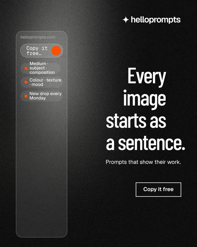 Instagram portrait post for HelloPrompts: "Every image starts as a sentence." Dark deco style, right layout, dark palette in black, grey.