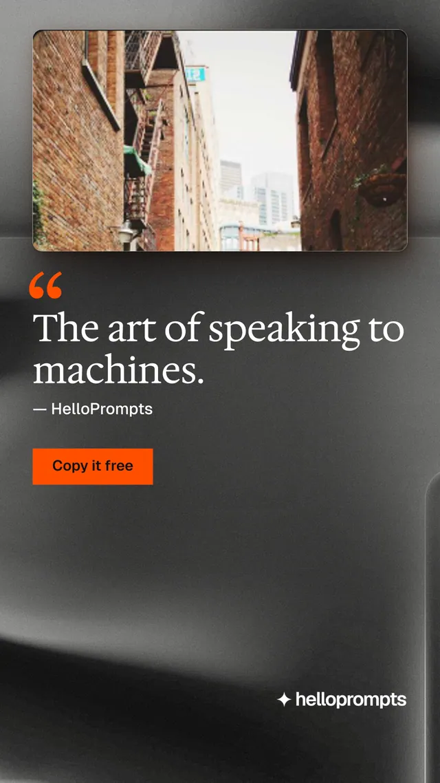 Instagram story for HelloPrompts: "The art of speaking to machines." Swiss style, quote layout, dark palette in grey, black.